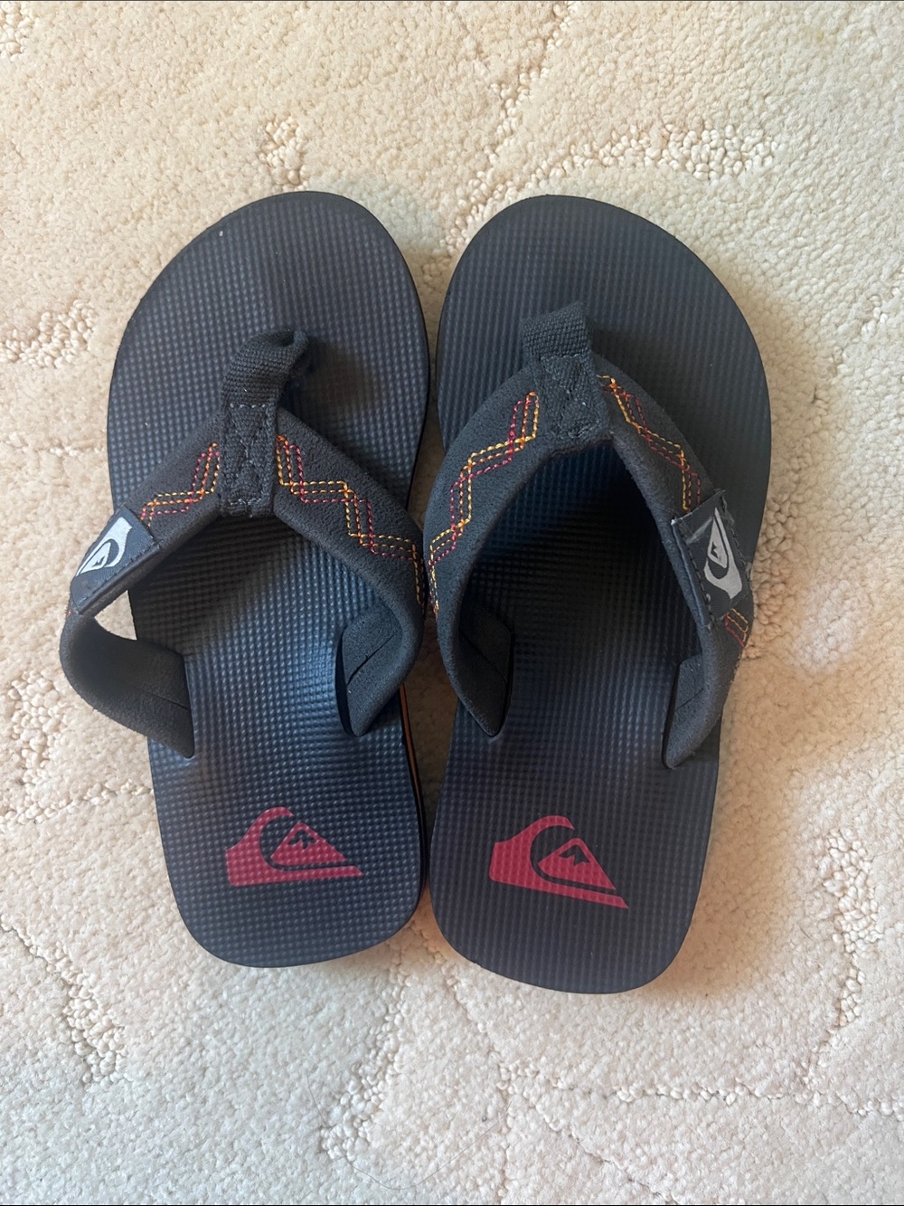 Quiksilver Black Flip Flops with Red Logo and Multicolor Stitching